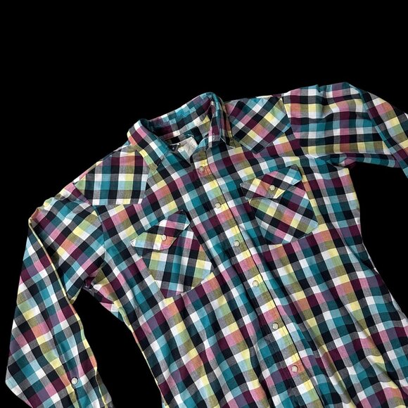 Vintage Saddle King Western Pearl Snap Plaid Shirt Cotton USA Made Teal Pink M/L - Picture 1 of 7